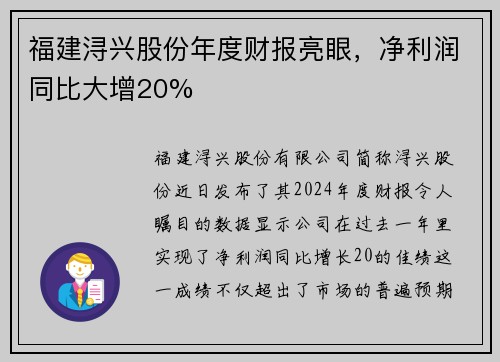 福建浔兴股份年度财报亮眼，净利润同比大增20%